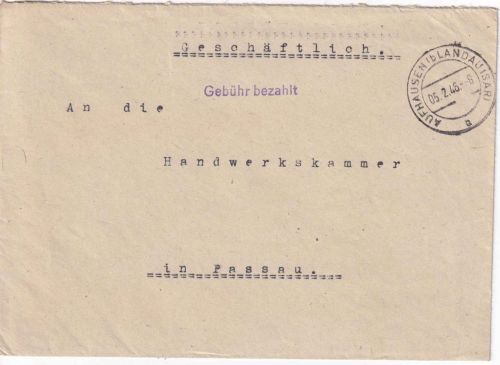 All.Bes. - Aufhausen (b. Landau) 5.2.46 Gebühr bezahlt L1 Brief n. Passau