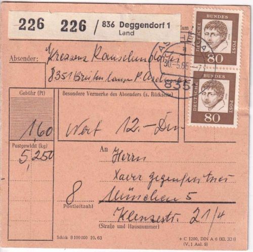 BRD - 2x80 Pfg. Bed. Deutsche Paketkarte Aschenau (Deggendorf) - München 1965