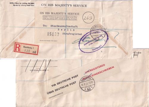 BRD - Hamburg 1950 brit. Dienst-Einschreibebrief n. Berlin