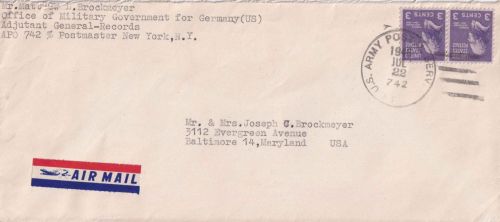 USA (Berlin) - 2x3 C. Jefferson Luftpostbrief APO 742 - Baltimore 22.7.1946