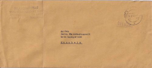 BRD - Würzburg 1951 Dienstbrief (APO 800 Headquarters/US-Army) n. Mannehim