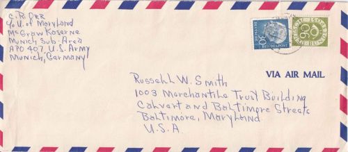 BRD - 90+30 Pfg. Posthorn/Heuss I Luftpostbrief n. USA München - Baltimore 1954