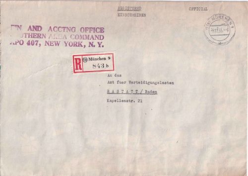 BRD - München 9 1955 Dienst-Einschreibebrief (APO 407 Southern Area Command)