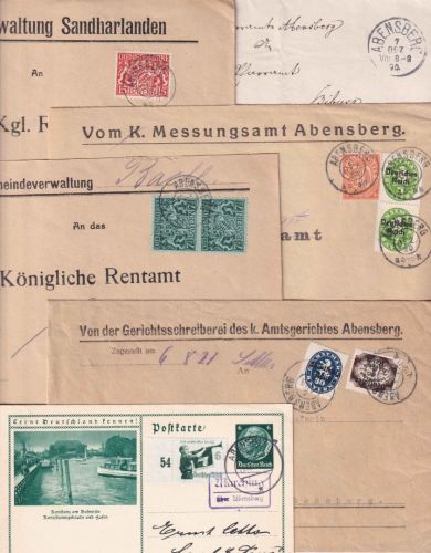 Bayern/DR - Abensberg 6 Belege (Zustellurkunde, Landpost etc.) ex 1890/1935
