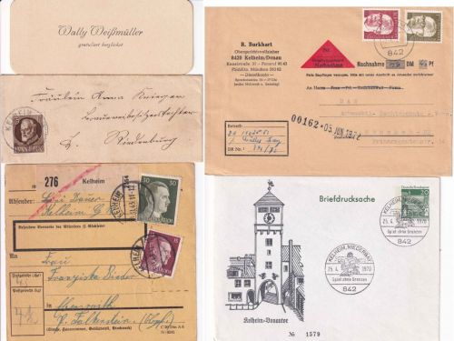 Bayern/DR/BRD - Kelheim 4 Belege (Paketkarte, Privat-GA etc.) ex 1915/1972