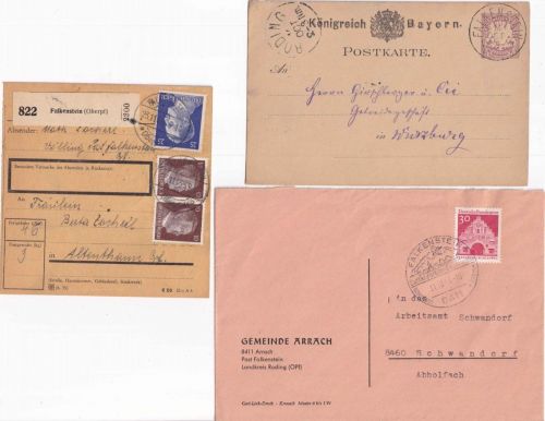 Bayern/DR/BRD - Falkenstein 3 Belege (Paketkarte, Ganzsache etc.) ex 1881/1968
