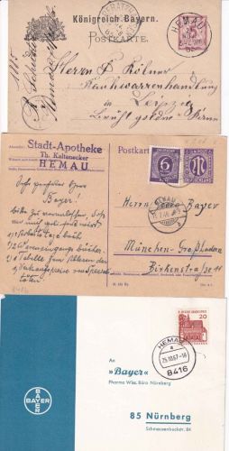 Bayern/All.Bes./BRD - Hemau 3 Belege (2 Ganzsachen, Karte) ex 1885/1967