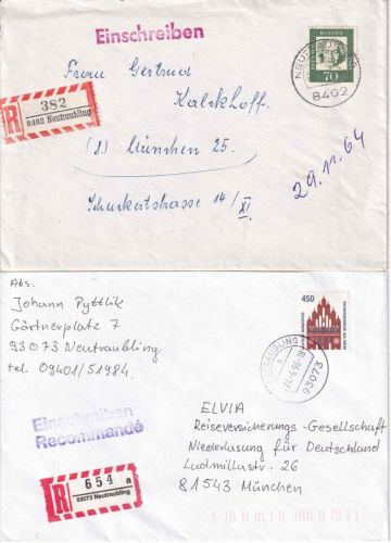 BRD - Neutraubling 2 Einschreibebriefe (alte/neue PLZ) 1964/1996 Hinweisstpl. !