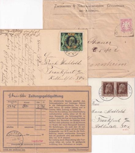 Bayern - Göggingen 4 Belege (Zeitungsgeldquittung etc.) 1875/1960