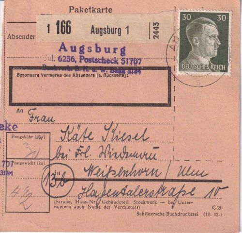 DR - 30 Pfg. AH Paketkarte Augsburg - Weißenhorn 20.3.45 - spätes Datum
