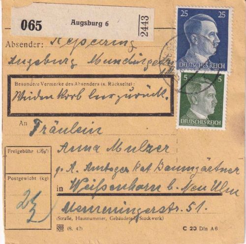 DR - 25+5 Pfg. AH Paketkarte Augsburg 6 - Weißenhorn 15.3.45 - spätes Datum