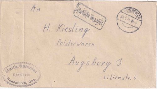 All.Bes. - Hohenfurch 24.6.46 Gebühr bezahlt Ra2 Brief n. Augsburg