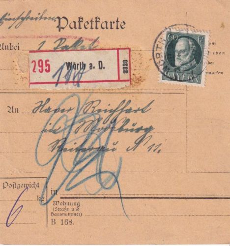 Bayern - 60 Pfg. Ludwig Einschreibe-Paketkarte Wörth a/D - Moosburg 1918