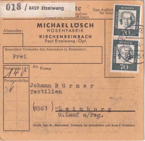 BRD - 2x70 Pfg. Bed. Deutsche Paketkarte Etzelwang - Leinburg 1964