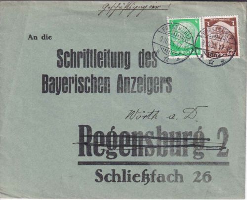 DR - 5 Pfg. Hindenburg u.a. Geschäftspapiere Forstmühle - Wörth a/D. 1935