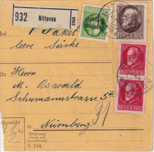 Bayern - 1 M. Ludwig u.a. Paketkarte Nittenau - Nürnberg 1920