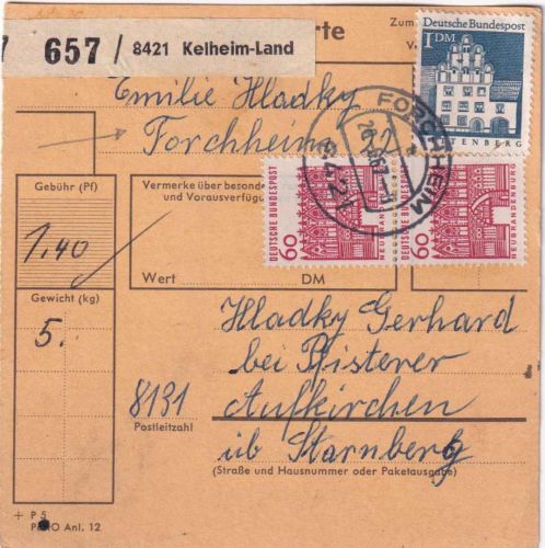 BRD - Kelheim-Land (Forchheim) Paketkarte n. Aufkirchen 1967