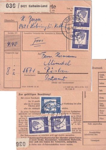 BRD - Kelheim-Land (Lobsing) Paketkarte n. Röslau 1964