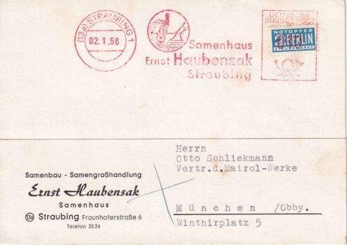 BRD - Straubing 1956 10 Pfg. AFS "Samenhaus Haubensak" Karte m. Notopfer
