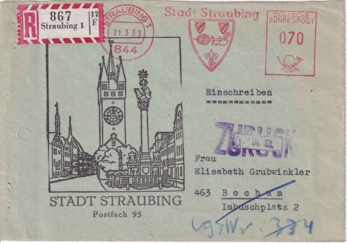 BRD - Straubing 1963 70 Pfg. AFS "Stadt..." Einschreibebrief n. Bochum - Retour