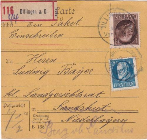 Bayern - 1 M. + 20 Pfg. Ludwig Einschreibe-Paketkarte Dillingen a/D 3.4.19