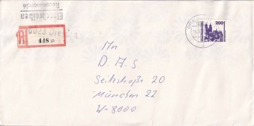 DDR/VGO - 200 Pfg. Bauwerke Einschreibebrief Dresden - München 15.3.91