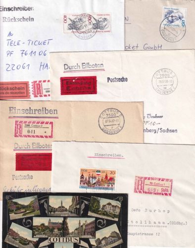 DR/DDR - Cottbus 5 Einschreibebriefe + 1 Ansichtskarte ex 1909/1993