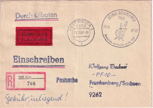 DDR - Burg Borkowy 1987 SST Spinnrad Eil-Einschreibebrief n. Frankenberg