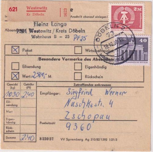 DDR - 2 M. + 40 Pfg. Aufbau Wertpaketkarte Westewitz/Döbeln - Zschopau 1988