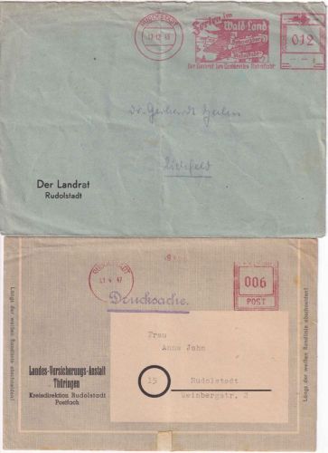 SBZ - Rudolstadt 6+12 Pfg. aptierte Absenderfreistempel Drucksache/Brief 1945/47