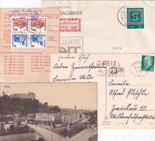 DR/DDR - Greiz 3 Belege + 1 Ansichtskarte ex 1924/1990