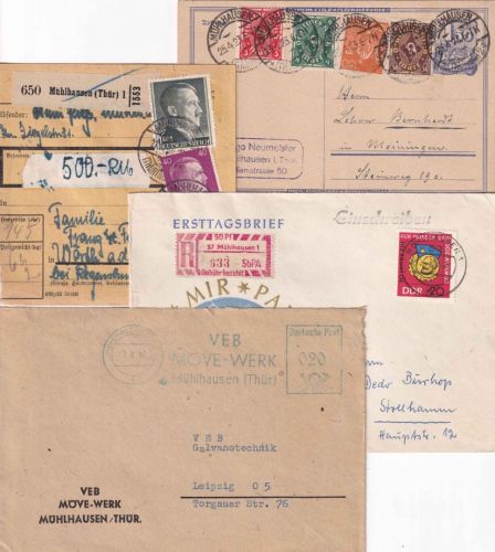 DR/DDR - Mühlhausen (Thür) 4 Belege (Wertpaketkarte etc.) ex 1923/1970