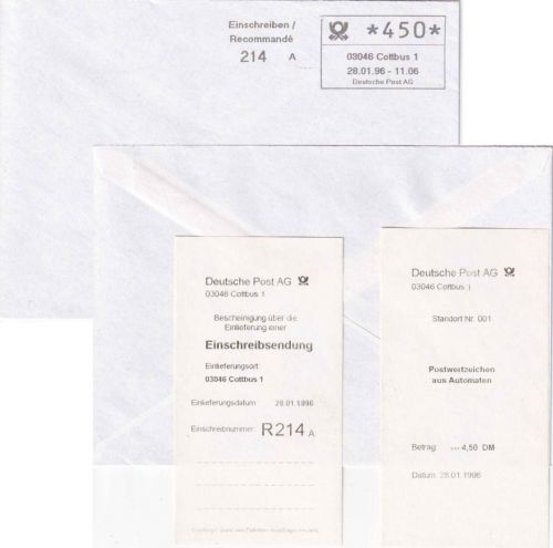 BRD - Cottbus 28.1.96 ABAS-Einschreibebrief n. Berlin + Aufg.schein/Quittung