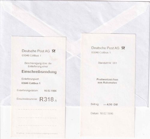 BRD - Cottbus 16.2.96 ABAS-Einschreibebrief n. Berlin + Aufg.schein/Quittung