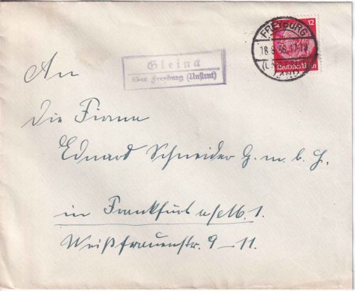 DR - Gleina ü. Freiburg (Unstrut) Brief n. Frankfurt a/M 1936