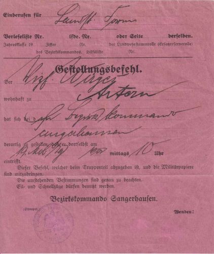 DR - Sangerhausen Gestellungsbefehl Bezirkskommando ca. 1914/18