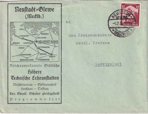 DR - Neustadt-Glewe (Mecklb.) illustr. Werbekuvert n. Ludwigslust 1935