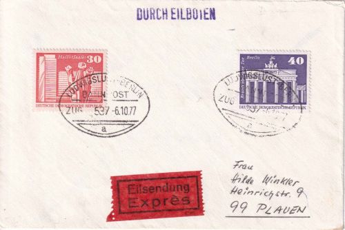 DDR - 40+30 Pfg. Aufbau Bahnpost Ludwigslust/Berlin Eilbrief n. Plauen 1977