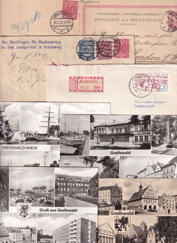 DR/DDR - Greifswald 4 Belege + 4 Ansichtskarten ex 1882/1983