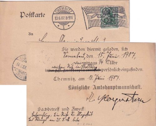 DR - Chemnitz 13.6.07 Flaggen-Masch.stempel Karte (Text !) n. Hoheneck