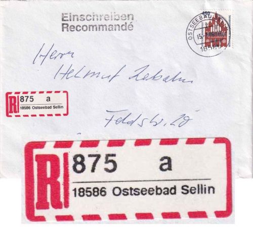 BRD - Ostseebad Sellin Selbstklebe-R-Zettel Einschreibebrief n. Norderstedt 1998