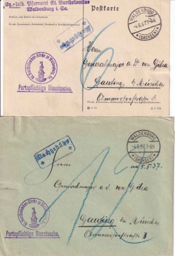 DR - Waldenburg (Sachsen) Dienstbrief/-karte n. Gauting - beide Nachporto1937