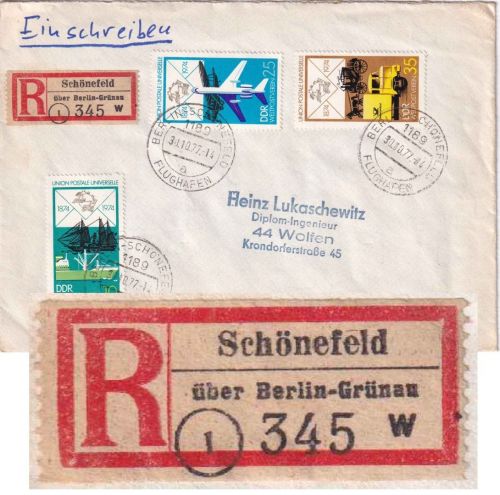 DDR - Schönefeld ü. Berlin-Grünau Poststelle I R-Zettel Einschreibebrief 1977