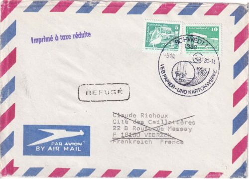 DDR - 5+10 Pfg. Aufbau/Kleinformat Luftpostdrucksache n. FRANKREICH Schwedt 1983