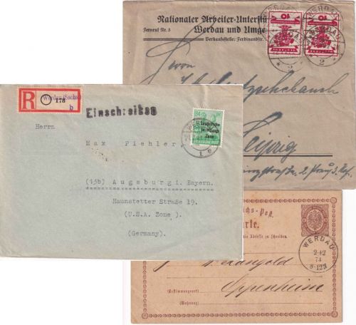DR/SBZ - Werdau 3 Belege (Einschreibebrief, Ganzsache, Brief) ex 1874/1948