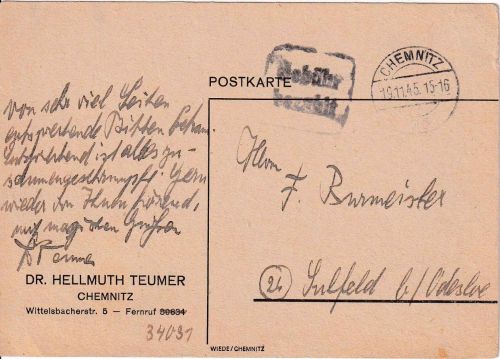 SBZ - Chemnitz 19.11.45 Gebühr bezahlt Ra2 Karte n. Sulfeld - Absender !!