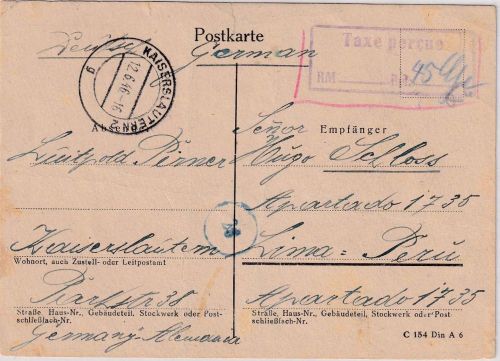 FZ/Rh.-Pfalz - Kaiserslautern 2 12.6.46 Taxe percue viol. Ra2 Karte n. PERU !!