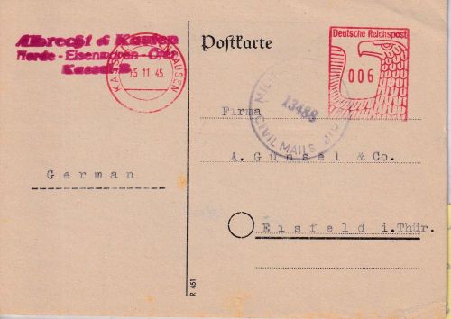 All.Bes. - Kassel-Bettenhausen 15.11.45 apt. Postalia-Freistempel 6 Pfg. Karte