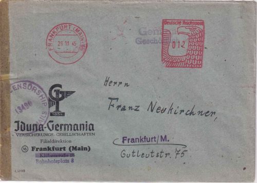All.Bes. - Frankfurt (Main) 16 25.11.45 apt. Postalia-Freistempel 12 Pfg. Brief