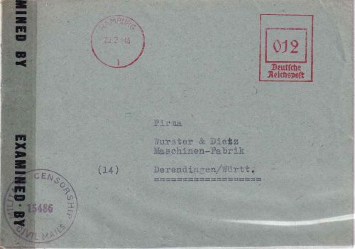 All.Bes. - Hamburg 1 21.2.46 apt. Absenderfreistempel Zensurbrief n. Derendingen